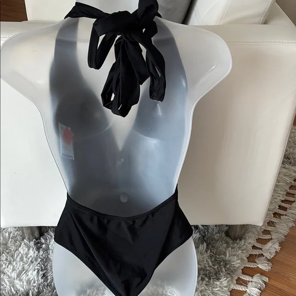 Black Halter One Piece Swimsuit with Plunging V-neckline with Towel - Picture 8 of 10